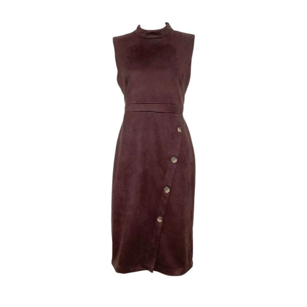 Emma & Michele Brown Faux Suede Sleeveless Dress Mock Neck Button Detail 10 - Picture 2 of 7